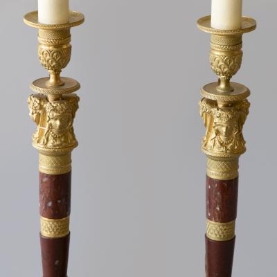 Claude Galle PAIR OF FRENCH EMPIRE GILT BRONZE AND MARBLE CANDLESTICKS CONVERTED TO LAMPS