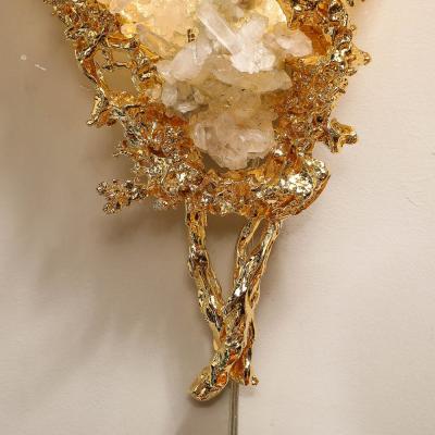 Claude Victor Boeltz Claude Boeltz 24kt Gold Plated Exploded Bronze V Shape Sconces w Rock Crystals