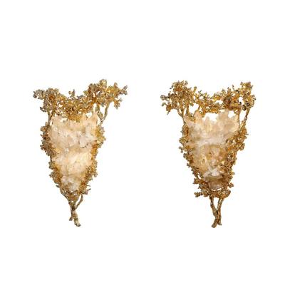 Claude Victor Boeltz Claude Boeltz 24kt Gold Plated Exploded Bronze V Shape Sconces w Rock Crystals
