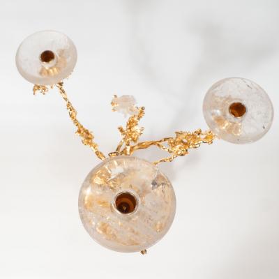 Claude Victor Boeltz Pair of 24Kt Gold Triple Branch Candlesticks w Rock Crystals by Claude Boeltz