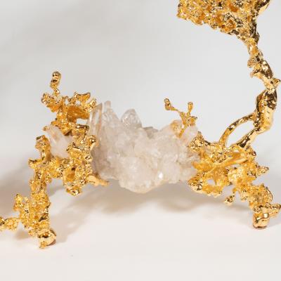 Claude Victor Boeltz Pair of 24kt Gold Double Branch Candlesticks w Rock Crystals by Claude Boeltz