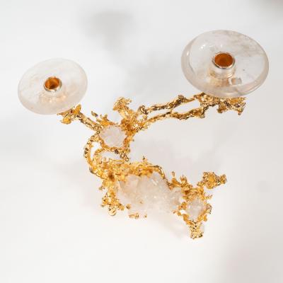 Claude Victor Boeltz Pair of 24kt Gold Double Branch Candlesticks w Rock Crystals by Claude Boeltz