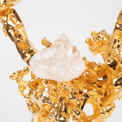 Claude Victor Boeltz Pair of 24kt Gold Double Branch Candlesticks w Rock Crystals by Claude Boeltz