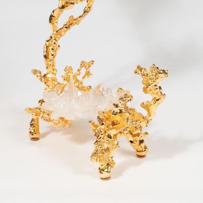 Claude Victor Boeltz Pair of 24kt Gold Double Branch Candlesticks w Rock Crystals by Claude Boeltz