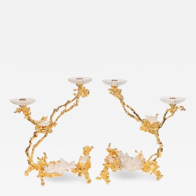 Claude Victor Boeltz Pair of 24kt Gold Double Branch Candlesticks w Rock Crystals by Claude Boeltz