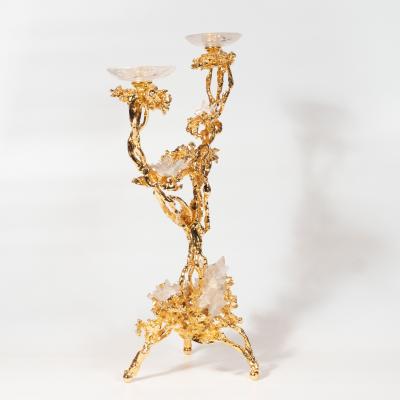 Claude Victor Boeltz Pair of 24kt Gold Double Branch Candlesticks with Rock Crystals Claude Boeltz