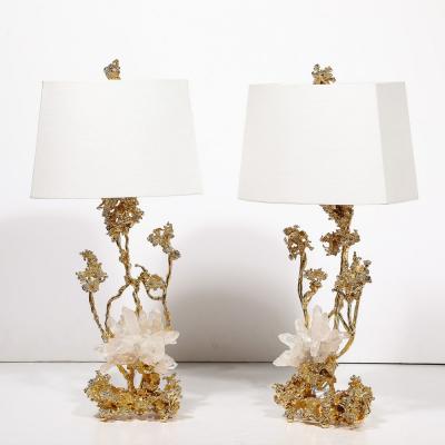 Claude Victor Boeltz Pair of Exploded Bronze 24K Gold w Rock Crystal Table Lamps by Claude Boeltz