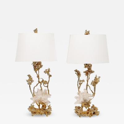 Claude Victor Boeltz Pair of Exploded Bronze 24K Gold w Rock Crystal Table Lamps by Claude Boeltz