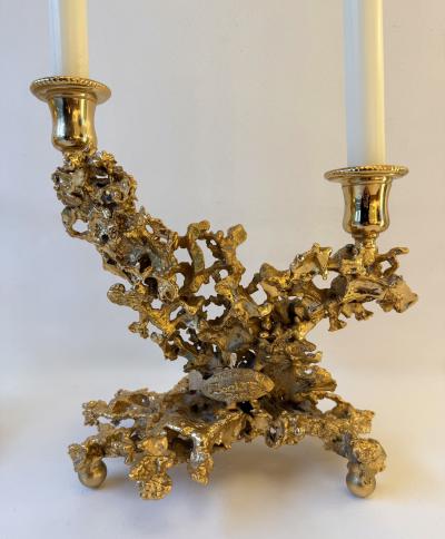 Claude Victor Boeltz Pair of Gilt Bronze and Quartz Candlesticks by Boeltz France 1970s