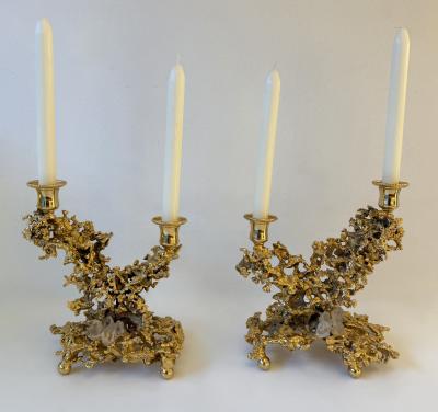 Claude Victor Boeltz Pair of Gilt Bronze and Quartz Candlesticks by Boeltz France 1970s