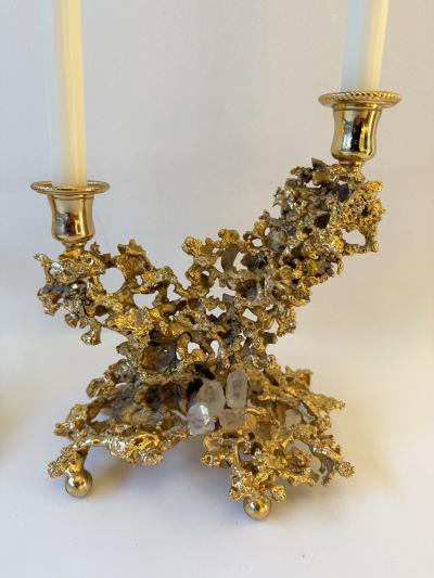 Claude Victor Boeltz Pair of Gilt Bronze and Quartz Candlesticks by Boeltz France 1970s