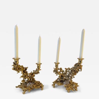 Claude Victor Boeltz Pair of Gilt Bronze and Quartz Candlesticks by Boeltz France 1970s