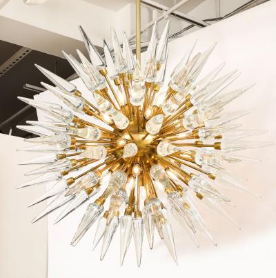 Clear Murano Glass and Unlacquered Brass Sputnik Starburst Chandelier Italy