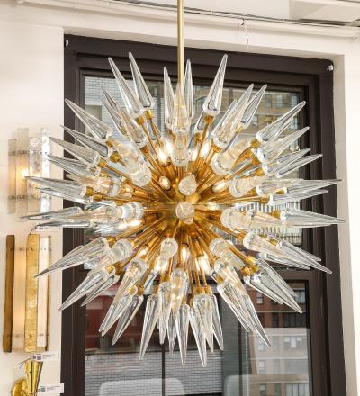 Clear Murano Glass and Unlacquered Brass Sputnik Starburst Chandelier Italy