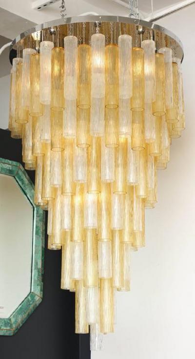 Clear and Gold Tiered Murano Glass and Chrome Flush Mount Chandelier Italy 60 