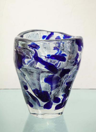 Clear and Royal Blue Murano Glass Pollock Vase