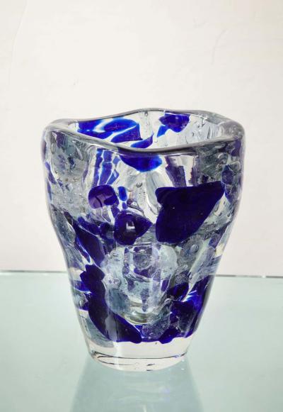 Clear and Royal Blue Murano Glass Pollock Vase