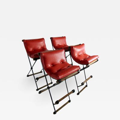 Cleo Baldon Four Cleo Baldon Wrought Iron and Oak Bar Stools Vintage Tomato Red Cushions