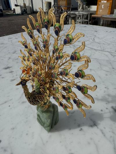 Cloisonne and Enameled Filligree Peacock Sculpture