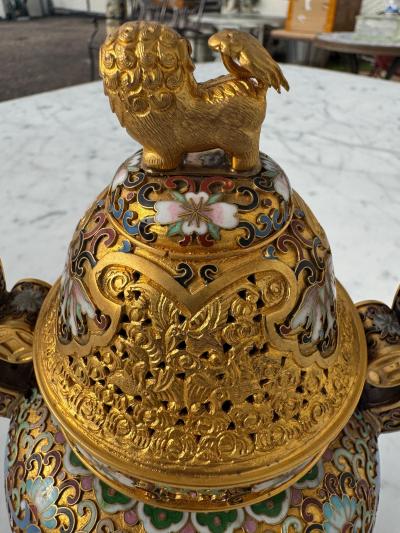 Cloisonne and Enameled Gilted Foo Dog Incense Burner on Wood Stand
