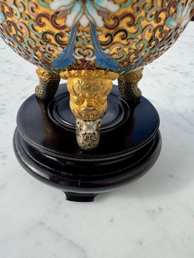 Cloisonne and Enameled Gilted Foo Dog Incense Burner on Wood Stand