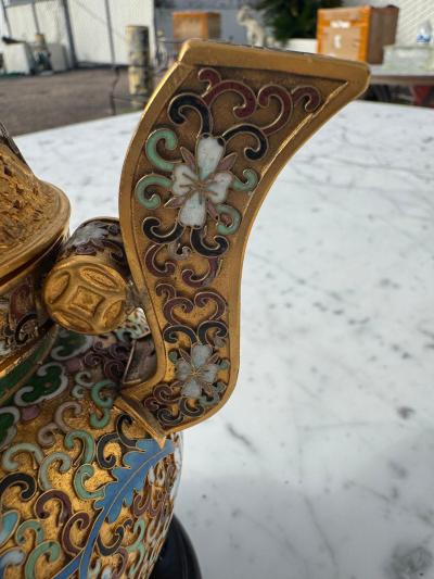 Cloisonne and Enameled Gilted Foo Dog Incense Burner on Wood Stand