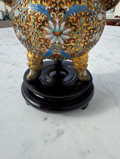 Cloisonne and Enameled Gilted Foo Dog Incense Burner on Wood Stand