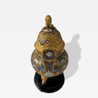 Cloisonne and Enameled Gilted Foo Dog Incense Burner on Wood Stand