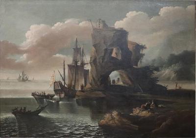 Coastal Scene with Galleons 18th century Oil Painting on Canvas