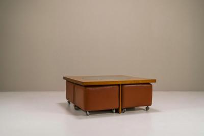 Coffee Table In Cherry Wood With Four Faux Mobile Poufs Italy 1970s