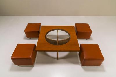 Coffee Table In Cherry Wood With Four Faux Mobile Poufs Italy 1970s