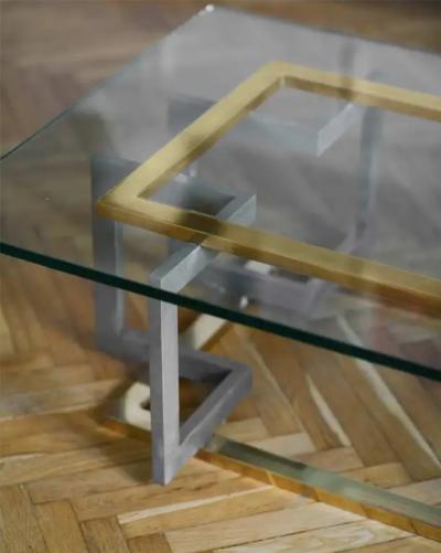 Coffee Table in Metal and Brass with Glass Top 1980s