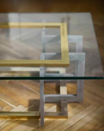 Coffee Table in Metal and Brass with Glass Top 1980s