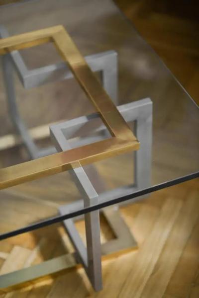 Coffee Table in Metal and Brass with Glass Top 1980s
