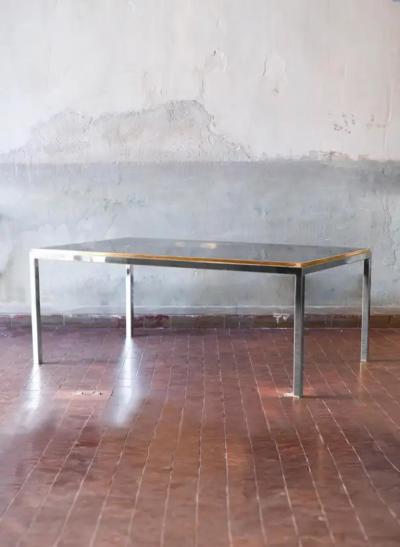Coffee table in brass and chromed metal with smoked glass shelves Italy 1980