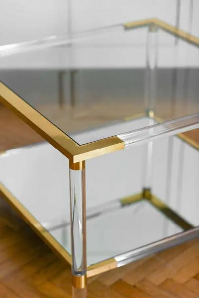 Coffee table in glass mirrored glass methacrylate and brass 