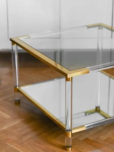 Coffee table in glass mirrored glass methacrylate and brass 