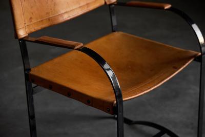 Cognac Leather Armchair Black Lacquer Steel Frame Belgium 1960s