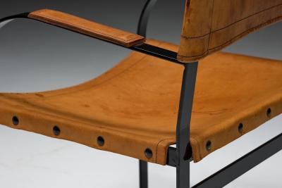 Cognac Leather Armchair Black Lacquer Steel Frame Belgium 1960s