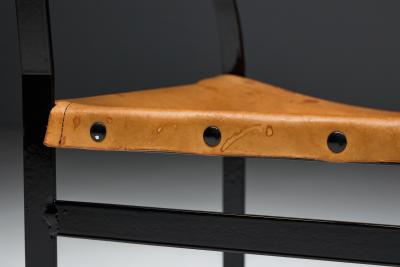 Cognac Leather Armchair Black Lacquer Steel Frame Belgium 1960s