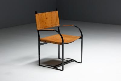 Cognac Leather Armchair Black Lacquer Steel Frame Belgium 1960s