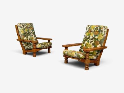 Collden Brutalist Lounge Chairs Pine Fabric Sweden 1970s