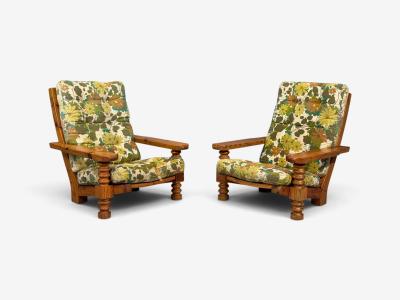 Collden Brutalist Lounge Chairs Pine Fabric Sweden 1970s