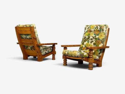Collden Brutalist Lounge Chairs Pine Fabric Sweden 1970s