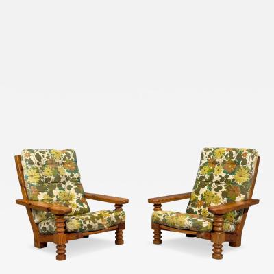 Collden Brutalist Lounge Chairs Pine Fabric Sweden 1970s