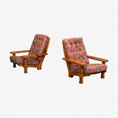 Collden Brutalist Lounge Chairs Pine Fabric Sweden 1970s
