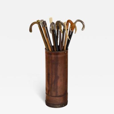 Collection Of Antique Walking Stick Canes With Cured Leather Cane Stand
