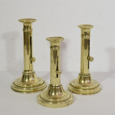 Collection of 3 French 19th Century Brass Bistro Push Up Candleholders