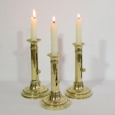 Collection of 3 French 19th Century Brass Bistro Push Up Candleholders