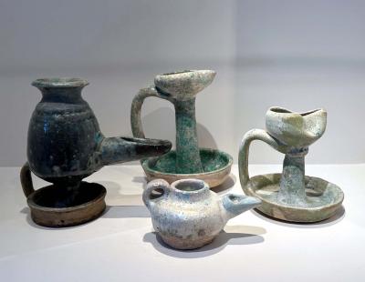 Collection of Four Middle Eastern Glazed Ceramic Oil Lamps
